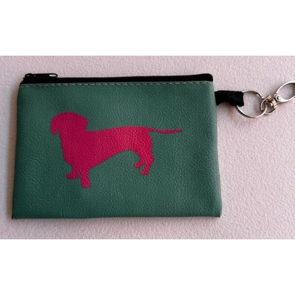 Pink Dachshund Coin Wallet Green Zip‎ Pouch Keychain Wiener Dog Card Case Clip